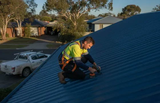 An Australian roofer in a harness and hi-vis on a Colorbond roof in early morning light, signed work ute in the driveway below