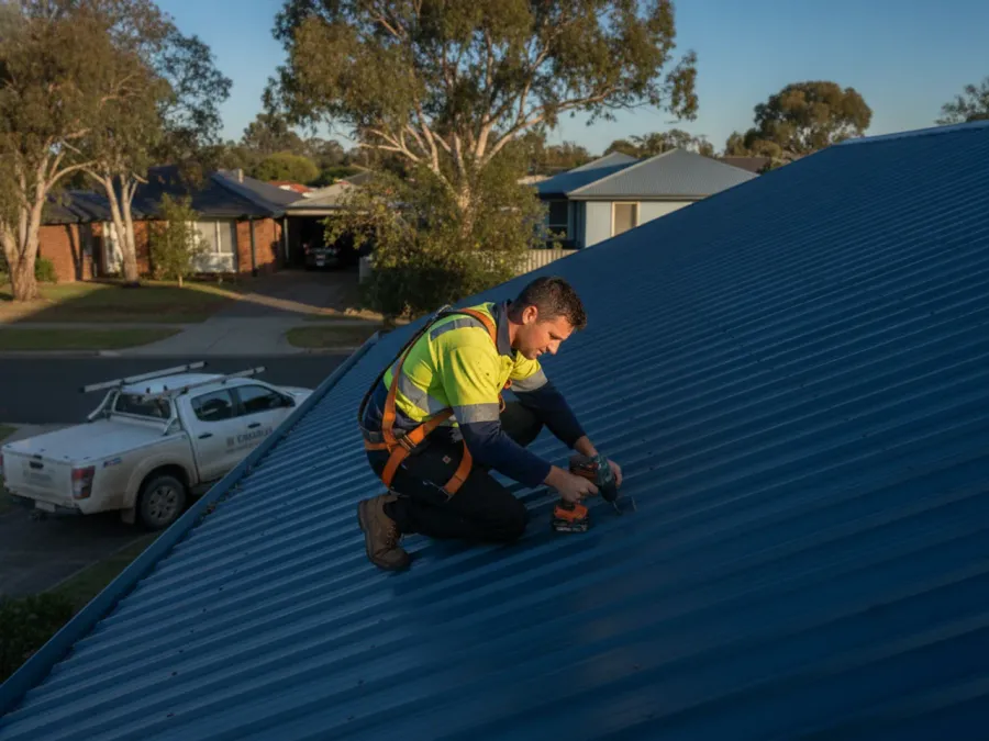 An Australian roofer in a harness and hi-vis on a Colorbond roof in early morning light, signed work ute in the driveway below