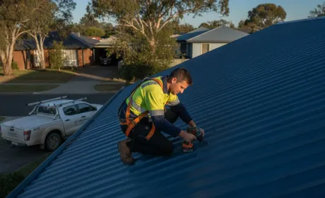 An Australian roofer in a harness and hi-vis on a Colorbond roof in early morning light, signed work ute in the driveway below