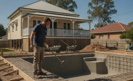 An Australian pool builder in a polo shirt and work boots standing beside a freshly shotcreted concrete pool shell in a suburban Brisbane backyard, steel reinforcement and timber formwork visible, Queenslander home behind