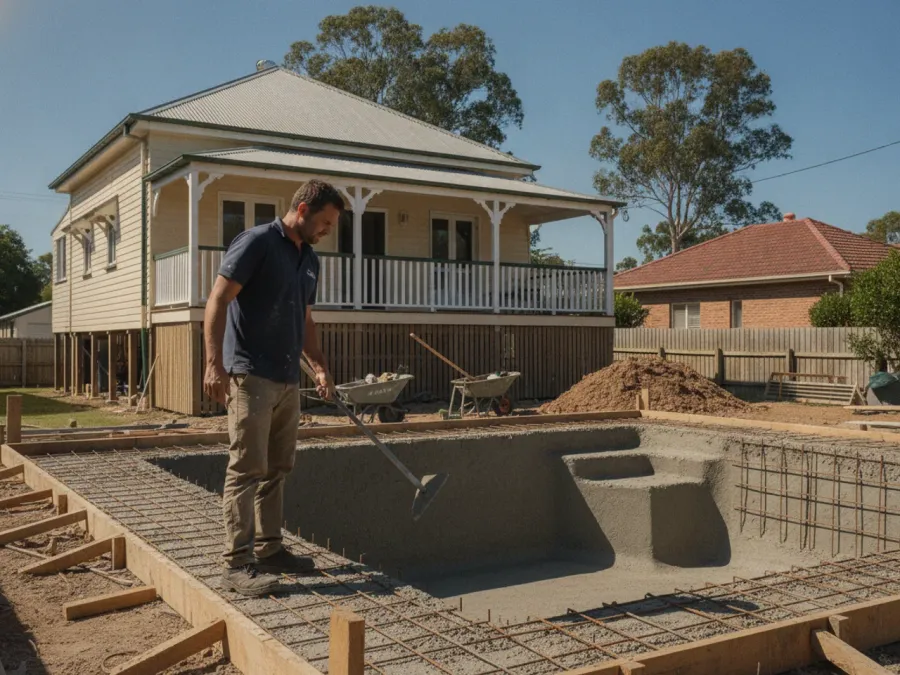 An Australian pool builder in a polo shirt and work boots standing beside a freshly shotcreted concrete pool shell in a suburban Brisbane backyard, steel reinforcement and timber formwork visible, Queenslander home behind