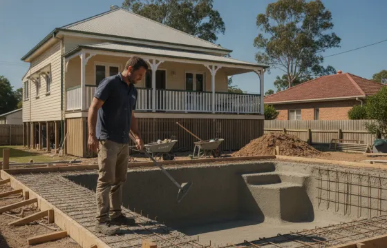 An Australian pool builder in a polo shirt and work boots standing beside a freshly shotcreted concrete pool shell in a suburban Brisbane backyard, steel reinforcement and timber formwork visible, Queenslander home behind