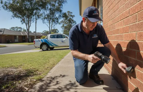 An Australian pest control technician in branded polo and cap kneeling at the base of a brick home’s external wall, torch and moisture meter in hand, signed work ute in the driveway behind him