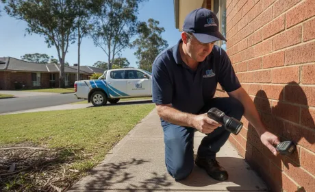 An Australian pest control technician in branded polo and cap kneeling at the base of a brick home’s external wall, torch and moisture meter in hand, signed work ute in the driveway behind him