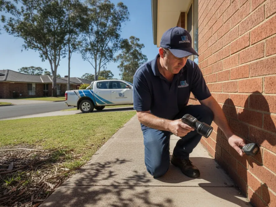 An Australian pest control technician in branded polo and cap kneeling at the base of a brick home’s external wall, torch and moisture meter in hand, signed work ute in the driveway behind him