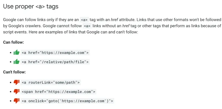 Google's guidance on using proper anchor tags, with examples Google can and cannot follow