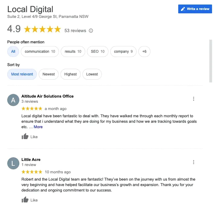 Local Digital's Google reviews panel showing 4.9 from 53 reviews