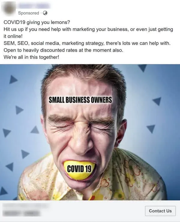 Facebook ad using a COVID19 giving you lemons image to sell marketing services