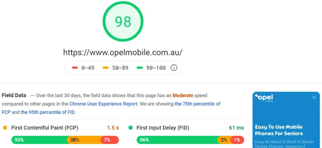 PageSpeed Insights mobile score of 98 for opelmobile.com.au after optimisation
