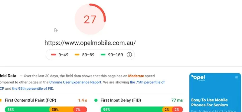 PageSpeed Insights mobile score of 27 for opelmobile.com.au before optimisation