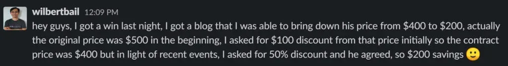 Forum message from a client who negotiated a supplier price down from $400 to $200
