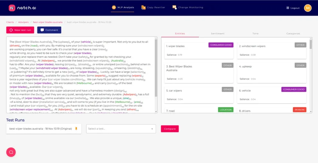 The Natch.ai tool analysing entities and sentiment in a page of content