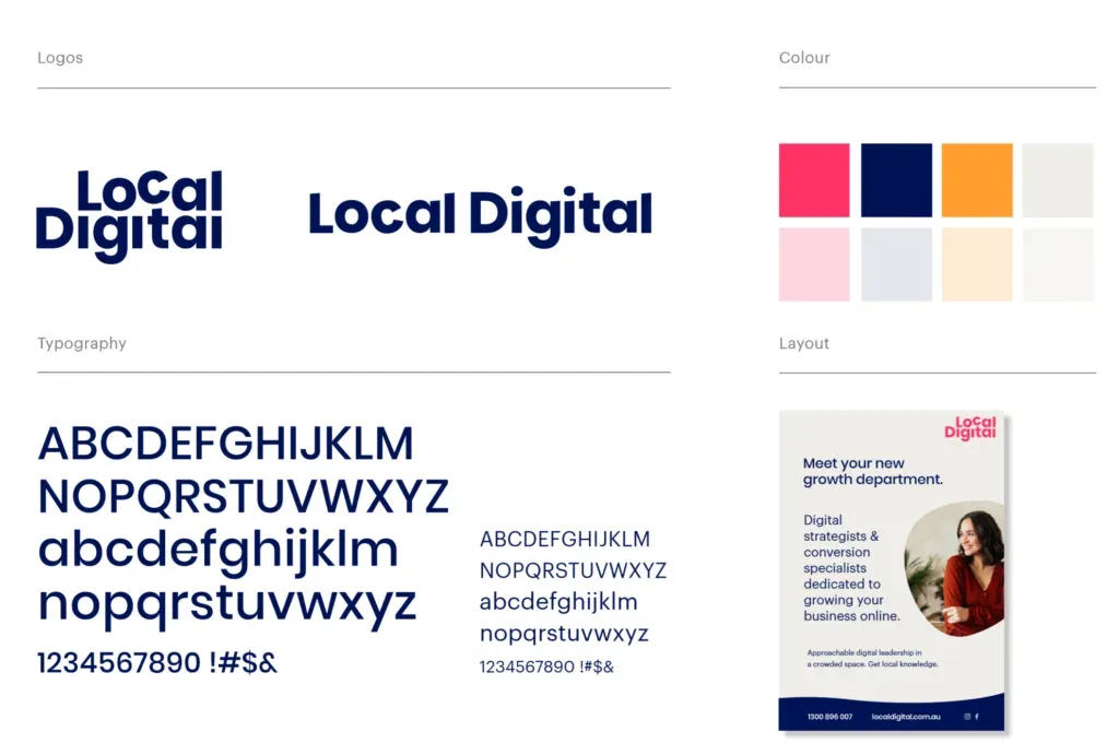 Local Digital brand overview showing logos, colour palette, typography and layout