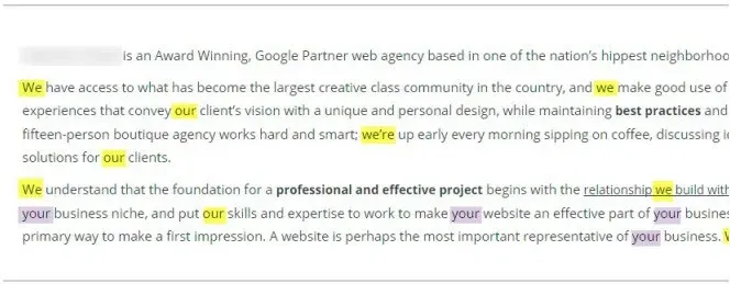 Agency page copy with every mention of we and our highlighted