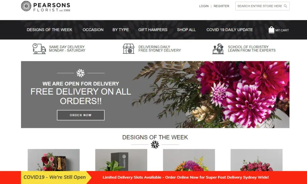 The Pearsons Florist site with a free delivery banner and a COVID-19 notification bar