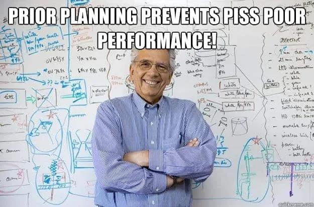 Meme of a man in front of a whiteboard: prior planning prevents piss poor performance