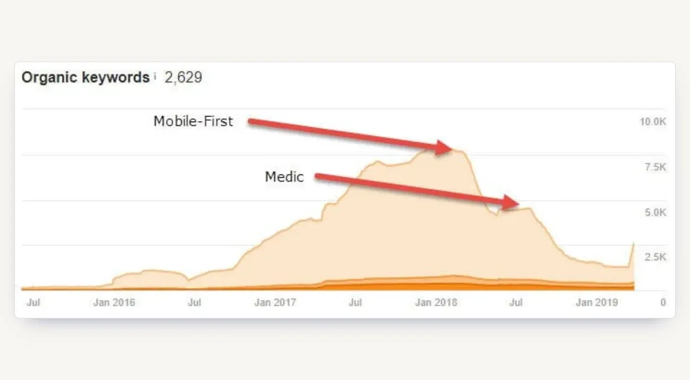 Organic keywords through 2018. The mobile-first update in March and the medic update in August each took a large bite.