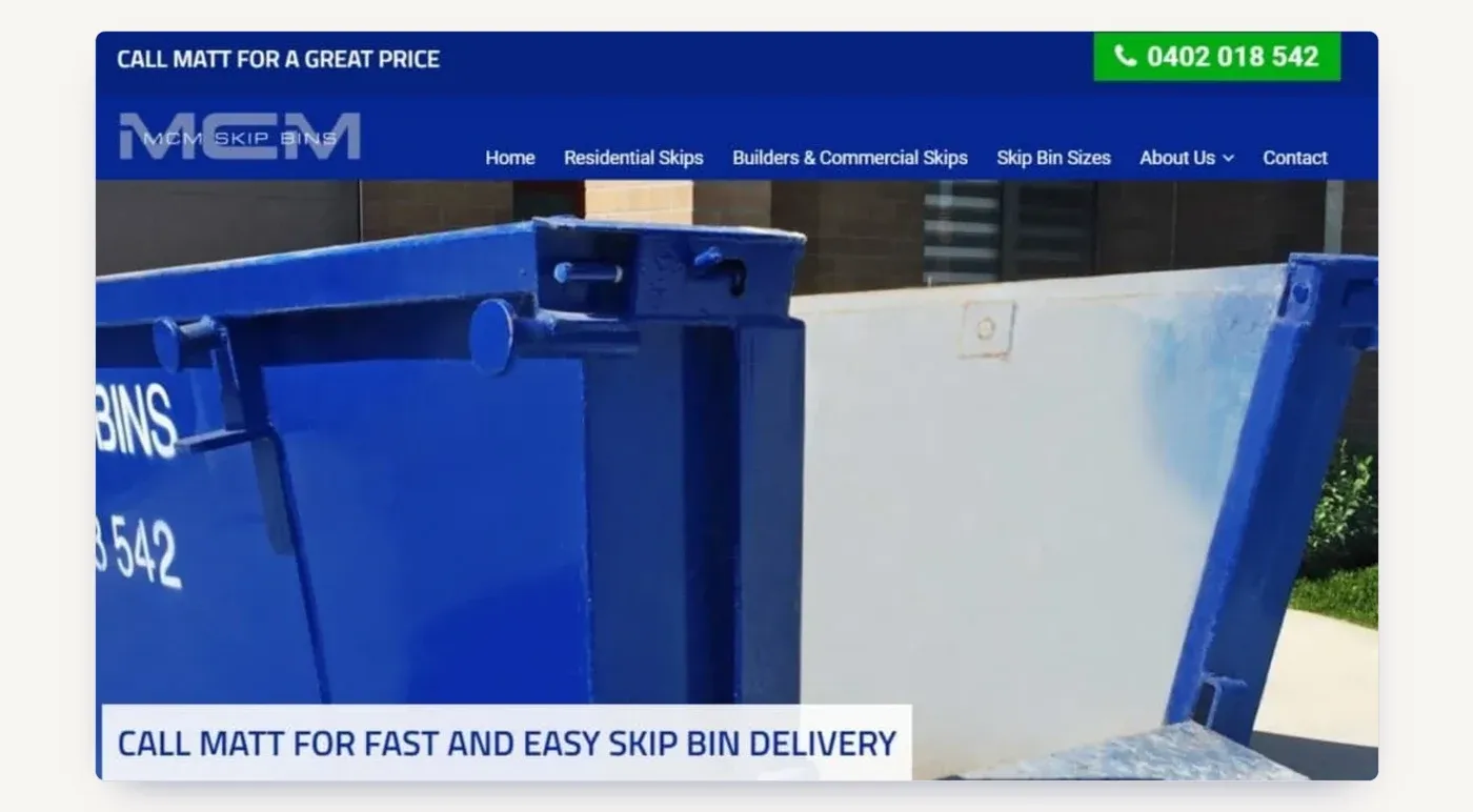 The MCM Skip Bins homepage: call-first, with skip sizes and residential and commercial hire.