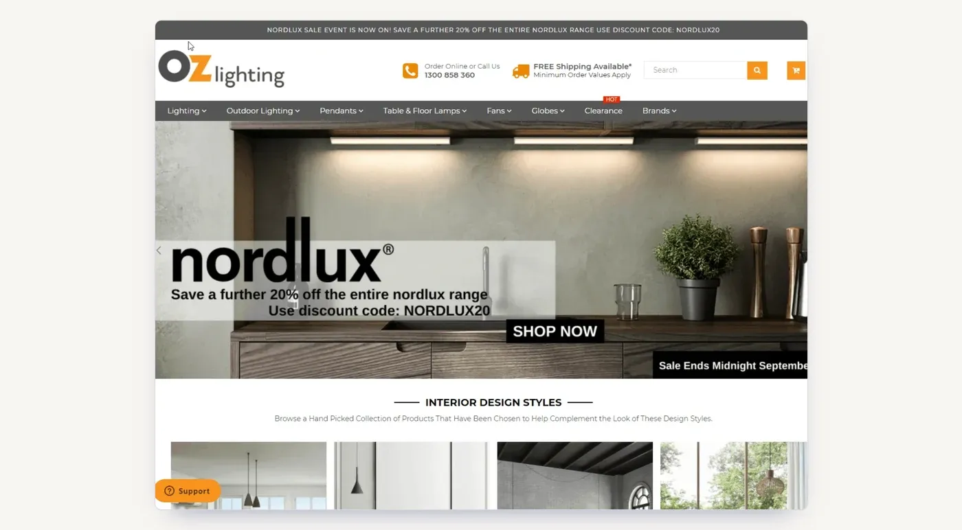 The Ozlighting homepage at the start of the campaign: a big range, but key pages with no keyword targeting.