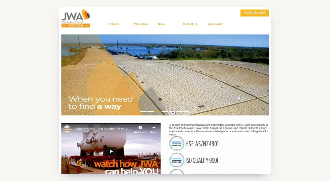 The JWA Oilfield Supplies homepage at the start of the campaign.