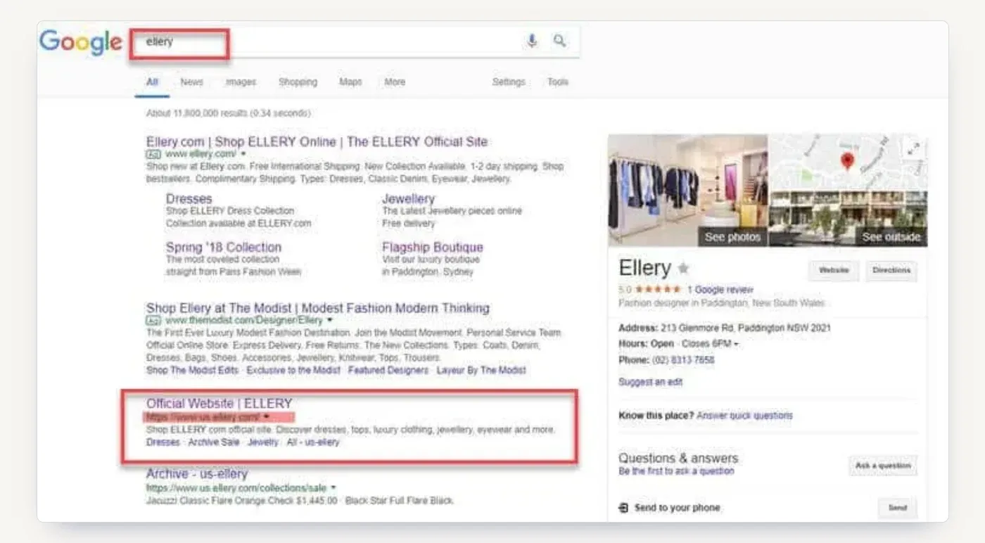 A brand search from Australia before the fix: the US store was showing as the official website.