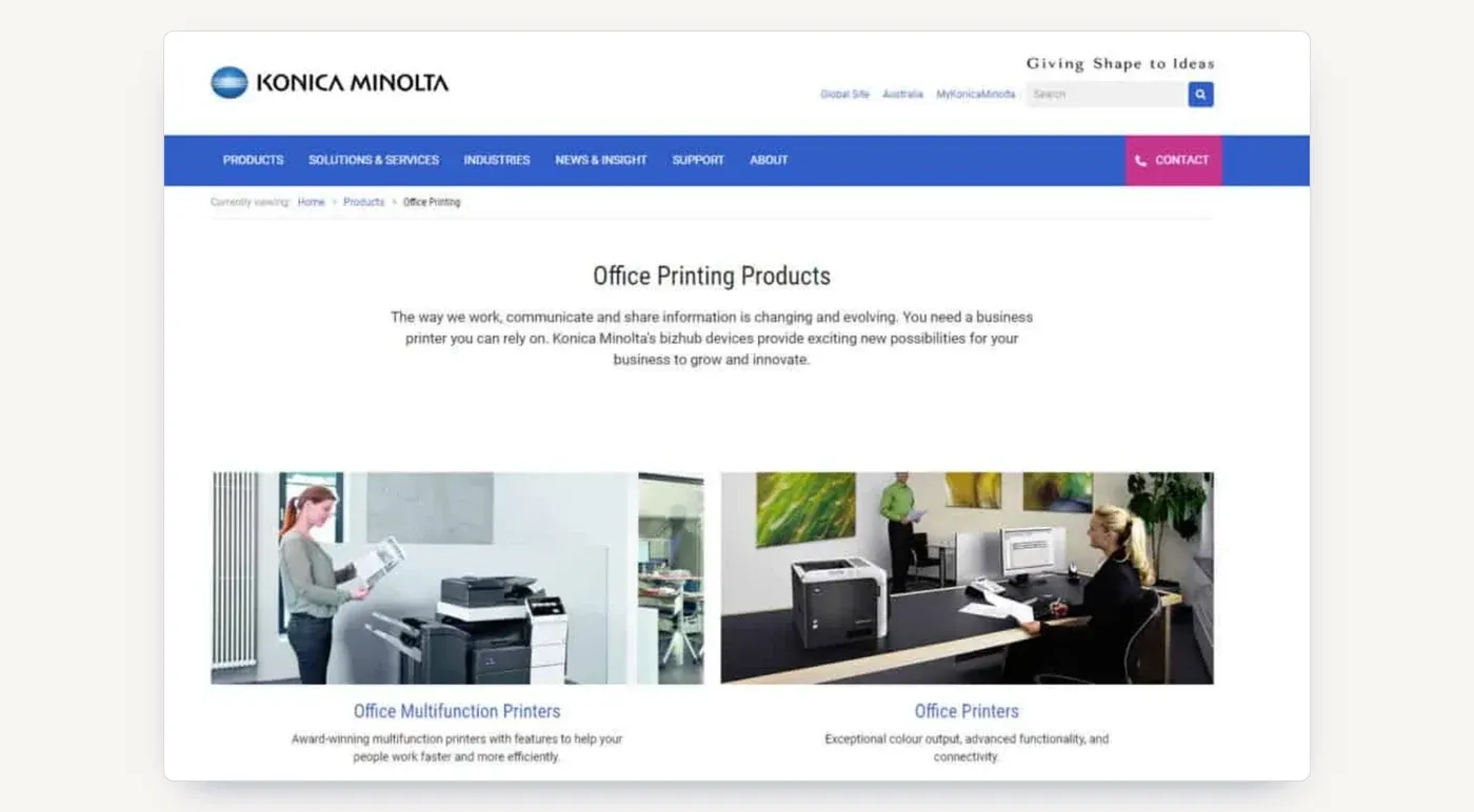 Konica Minolta Australia's office printing products page at the start of the campaign.