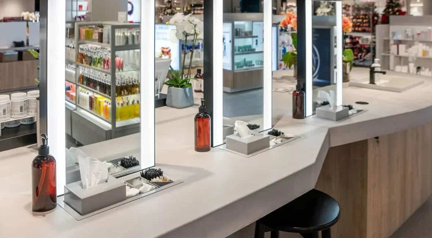 Clearlight Designs illuminated mirrors installed on a retail beauty counter.