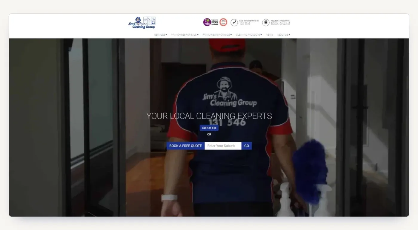 The Jim's Cleaning homepage, where the Google Ads traffic lands: call 131 546 or book a free quote.