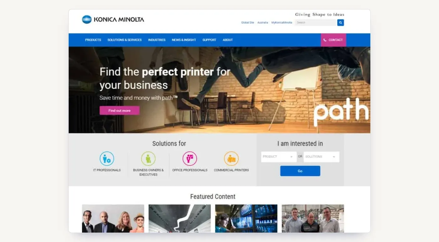 The rebuilt Konica Minolta Australia homepage after the migration: a clean layout with the keyword-rich copy stripped out.
