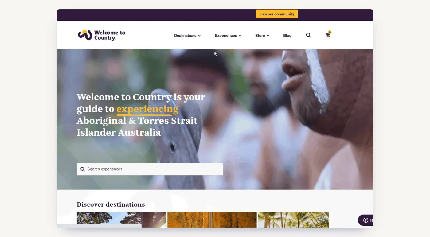 The Welcome to Country homepage at the start of the campaign, built around its experiences.