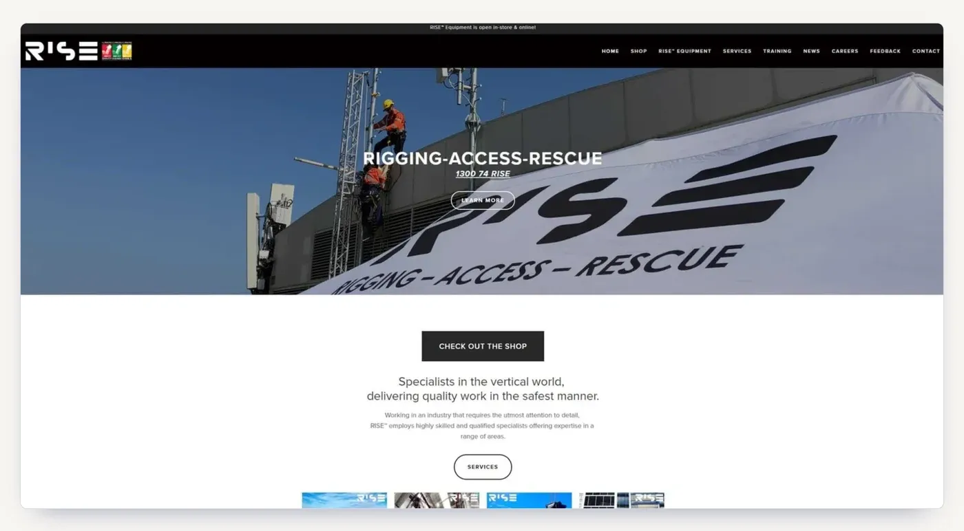 The RISE Pacific homepage: rigging, access and rescue services, with the equipment shop still taking shape.