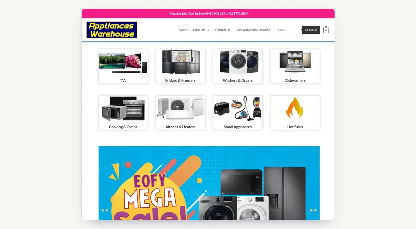 The Appliances Warehouse storefront: eight product categories, all previously funnelled through one Shopping campaign.