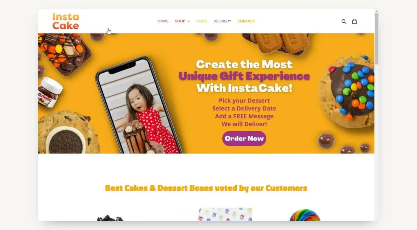 The InstaCake homepage at the start of the campaign: strong brand, no SEO foundations behind it.