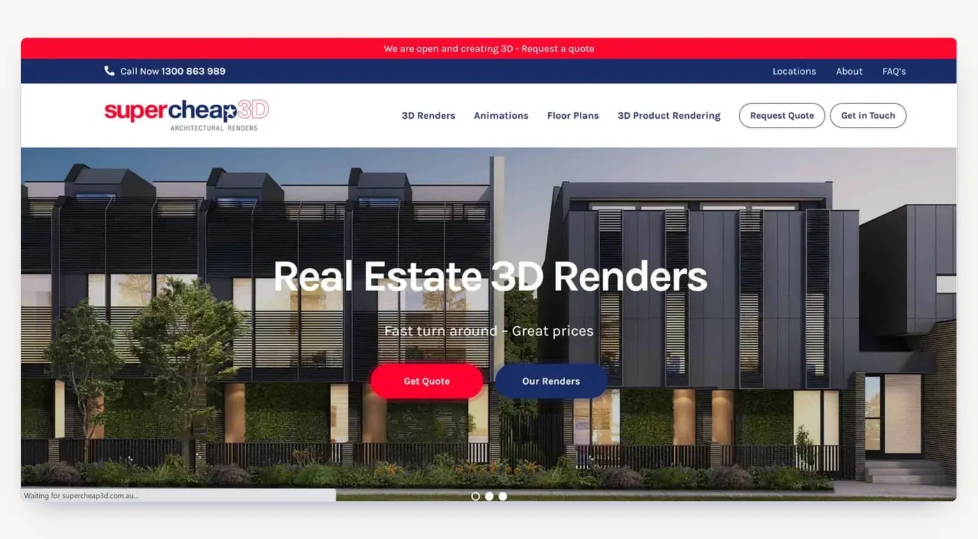 The Supercheap3D website: real estate 3D renders with quote requests as the main conversion.