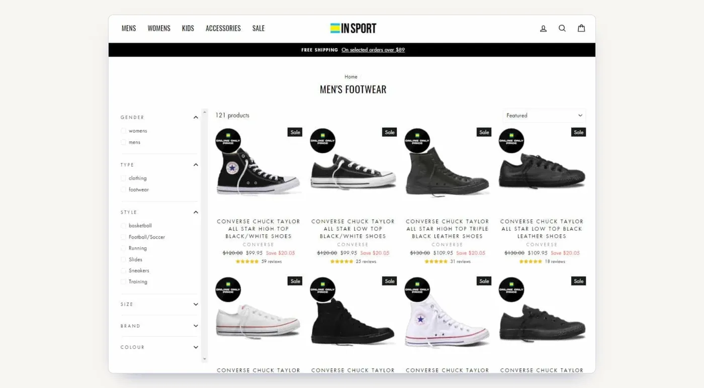 A men's footwear category on the In Sport site: 121 products in one category, all competing for the same budget.