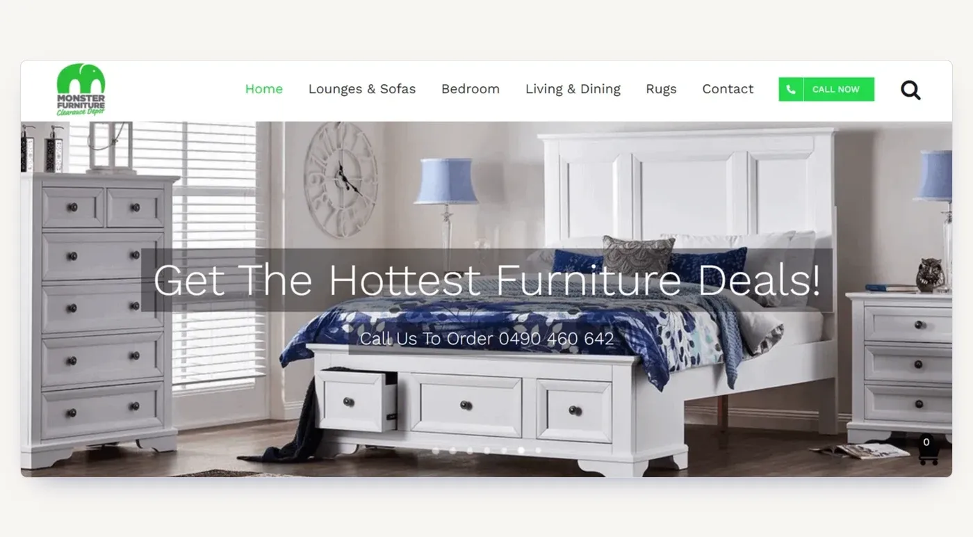 The Monster Furniture homepage at the start of the campaign: no metadata, thin copy, no organic footprint.