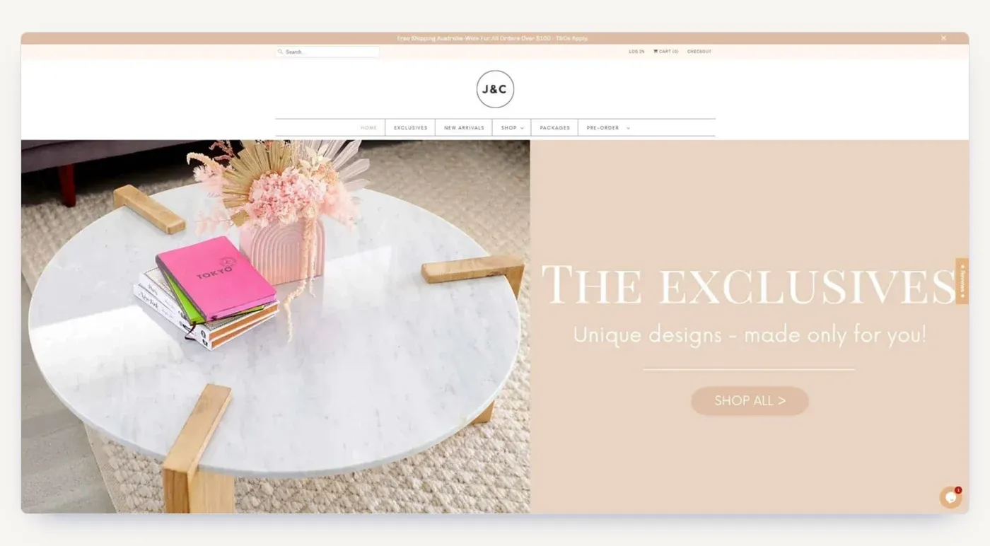 The J&C Homewares homepage, with free Australia-wide shipping over $100 front and centre.