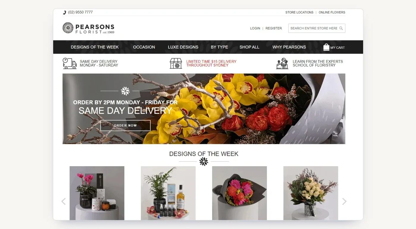 The Pearsons Florist homepage at the start of the campaign: same day delivery across Sydney, but little organic visibility.