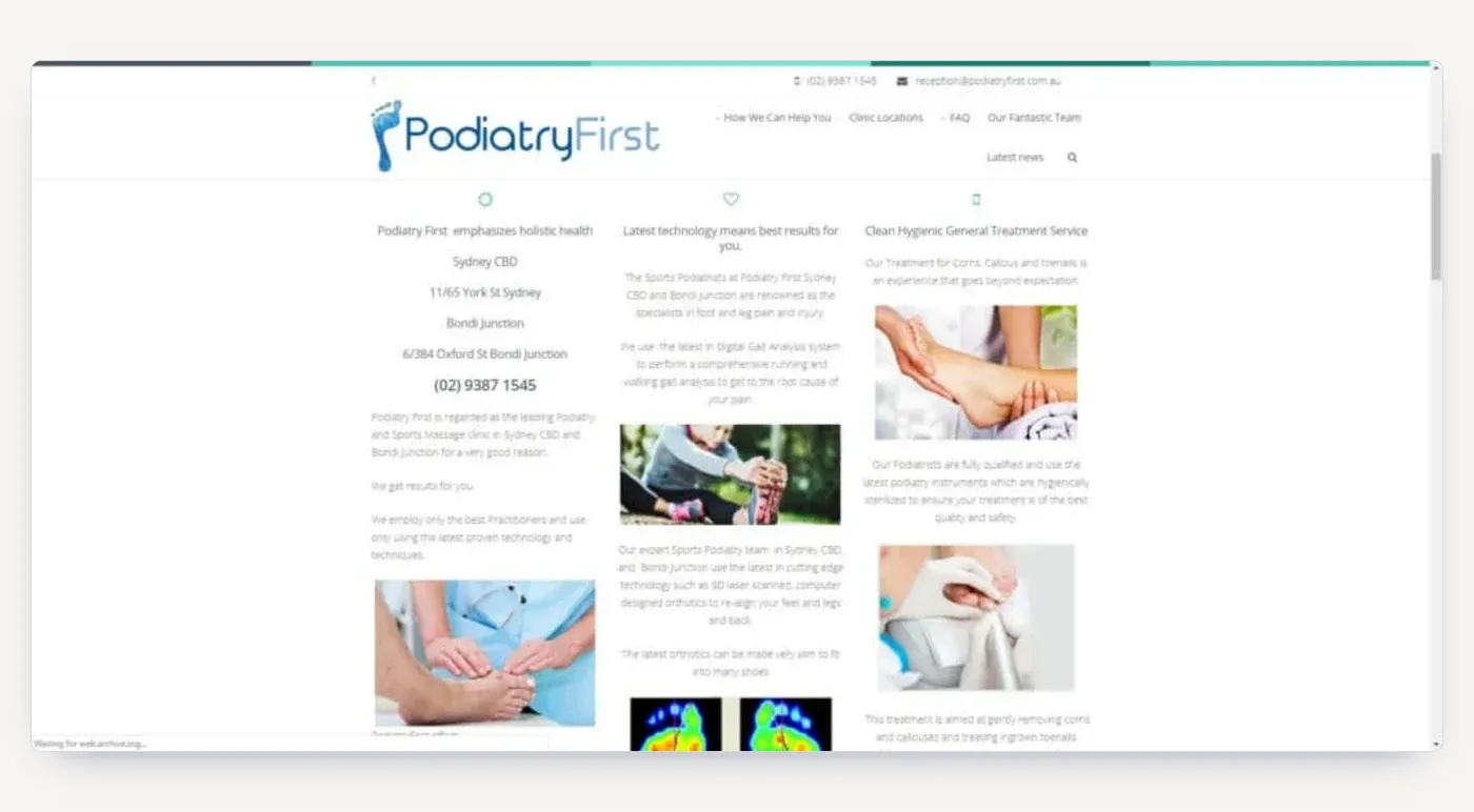 The old Podiatry First website before the rebuild: not designed to convert visitors into leads.