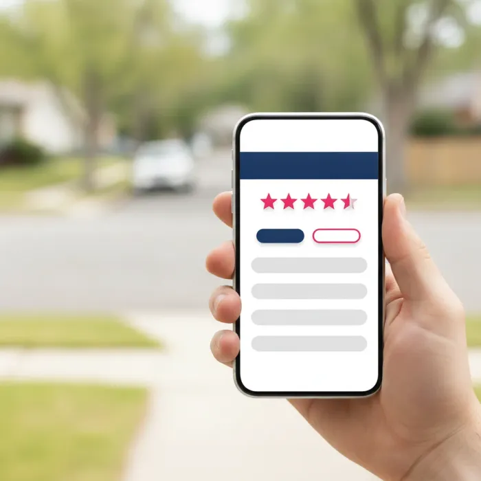 A business profile open on a phone held up on a suburban street
