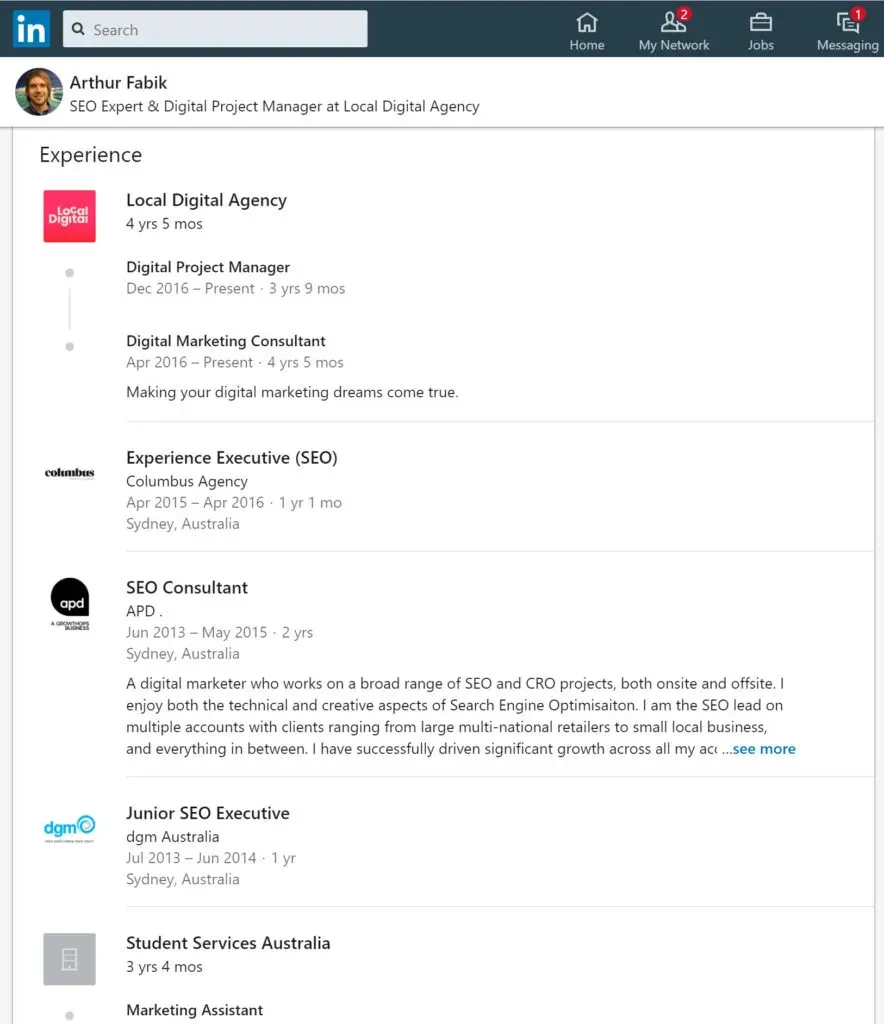 LinkedIn profile showing four digital marketing agency roles in a few years