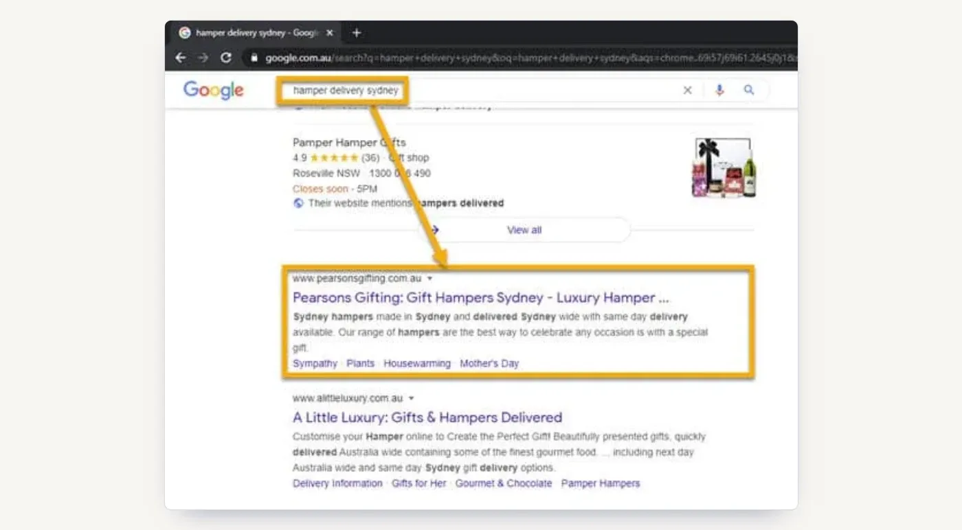 Google results for hamper delivery sydney: Pearsons Gifting first in the organic listings, beneath the local pack.