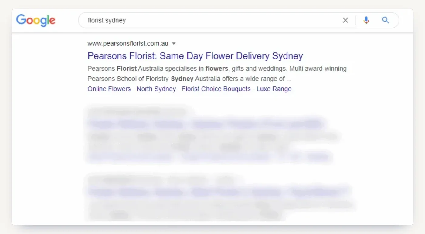 Google results for florist sydney: Pearsons Florist in first position.