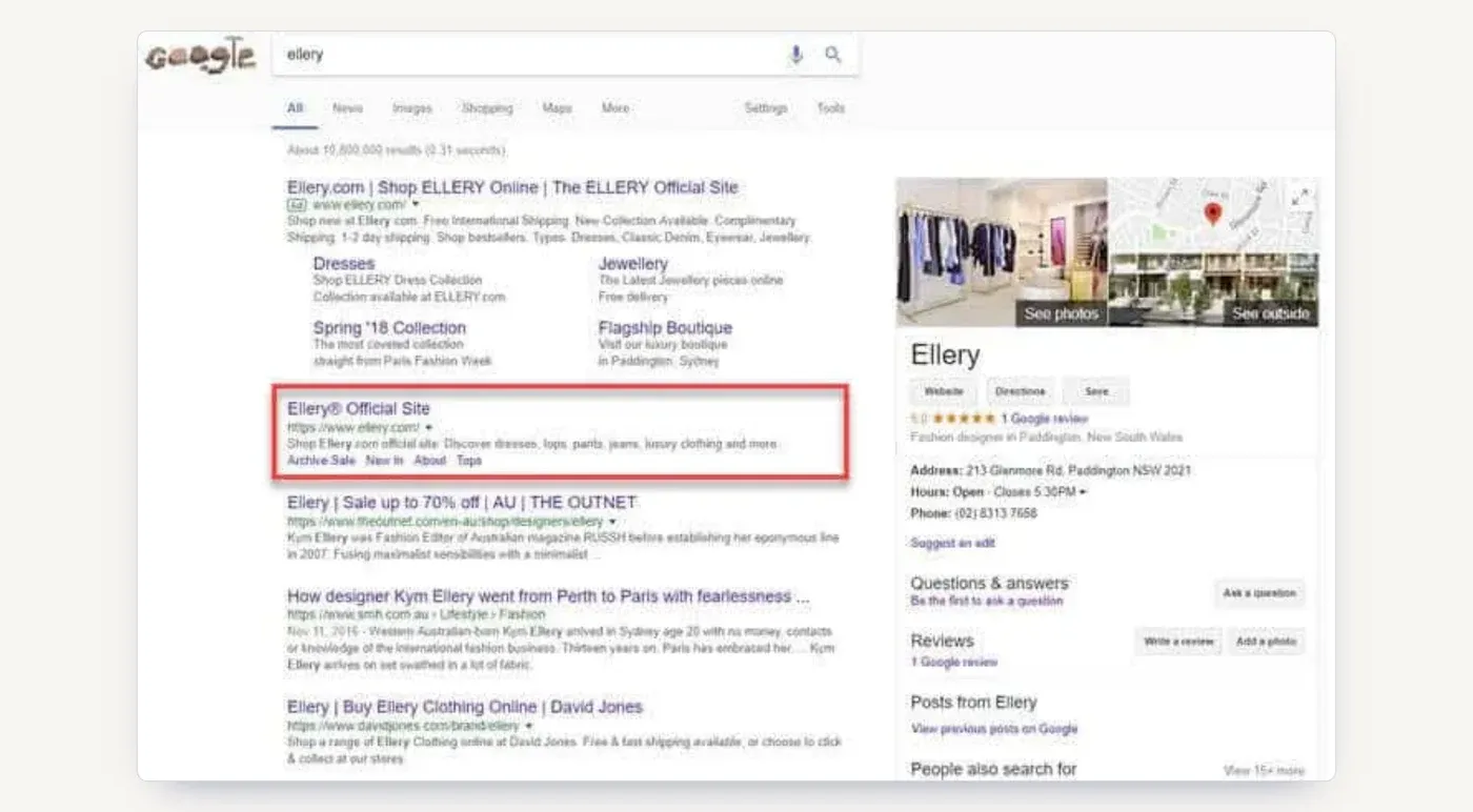 The same brand search after the fix: ellery.com's official site back in place for Australian searchers.