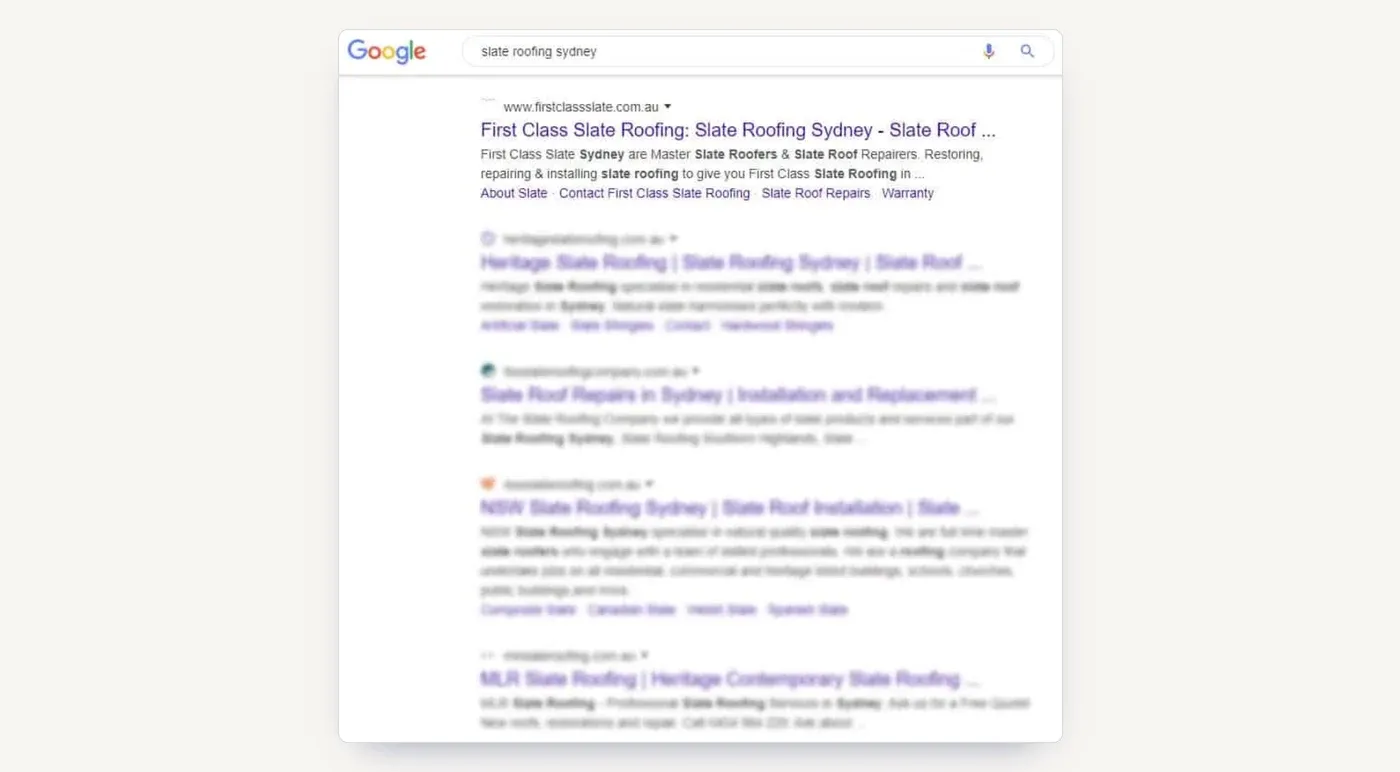 The Google result for slate roofing sydney: First Class Slate in the top organic position.