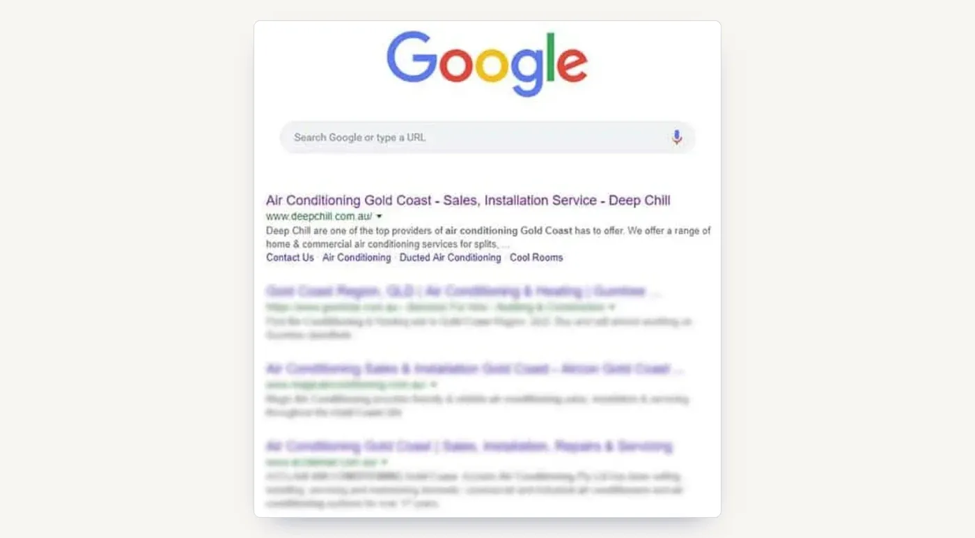 Air Conditioning Gold Coast in Google: Deep Chill in the first organic position.
