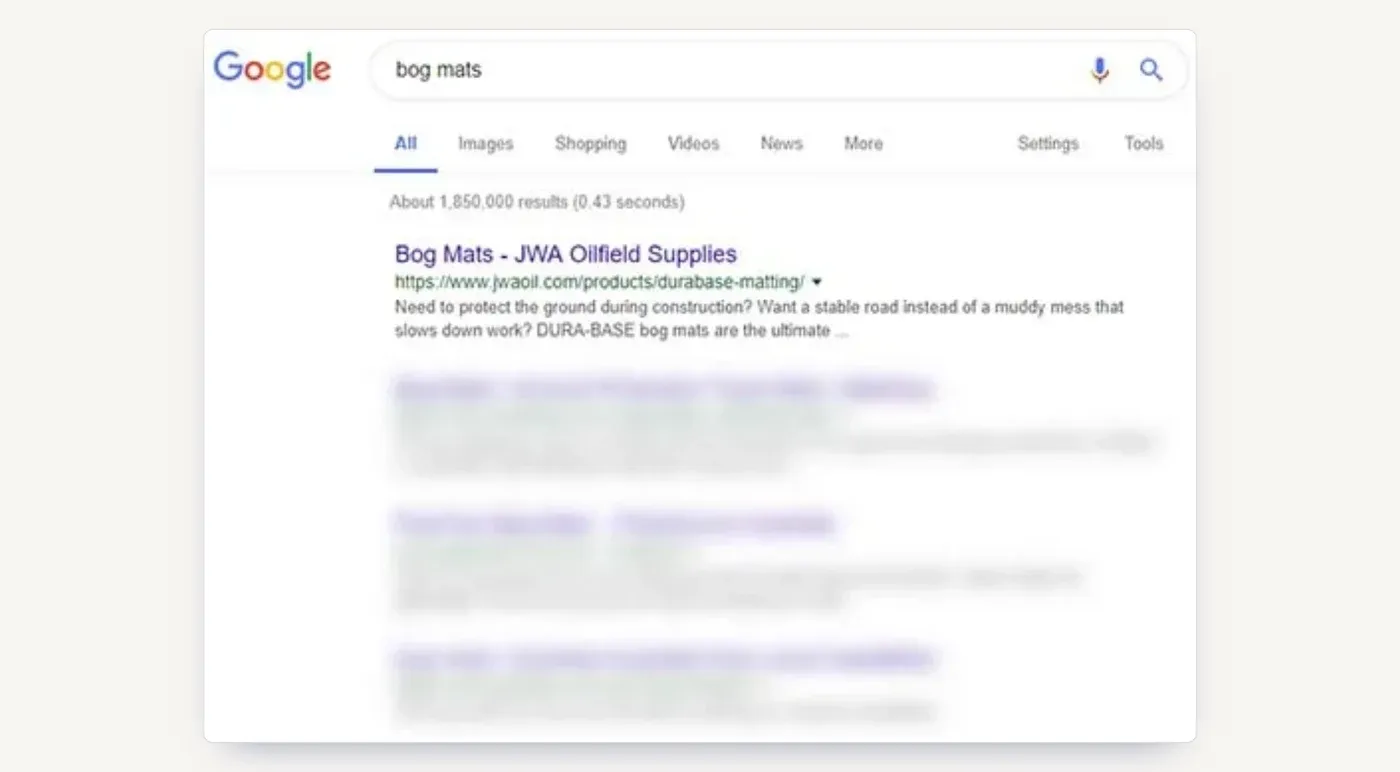 Google results for bog mats: JWA Oil in first position, ahead of every competitor.