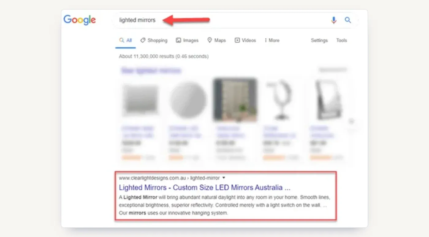 lighted mirrors in Google: Clearlight Designs in the first organic position beneath the Shopping ads.