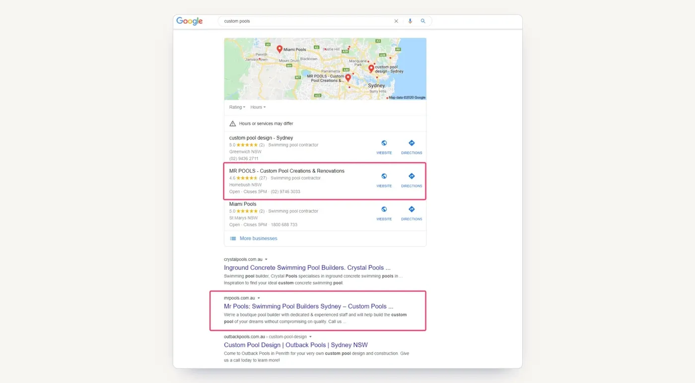 Google results for custom pools: Mr Pools in the map pack and second in the organic listings.