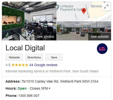 Local Digital's Google Business Profile showing 4.8 from 44 reviews in August 2020